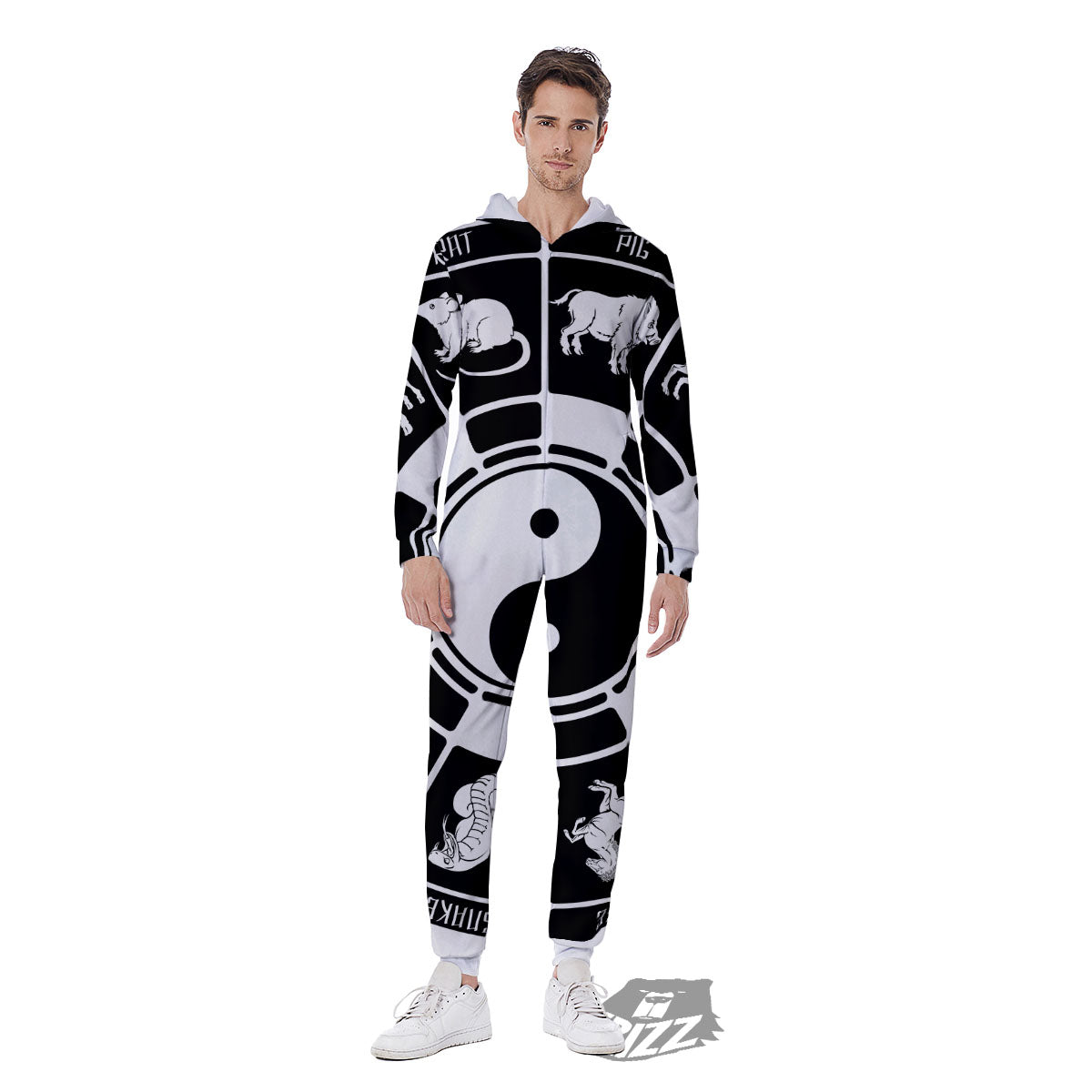 Chinese Zodiac White And Black Print Men's Jumpsuit-grizzshop