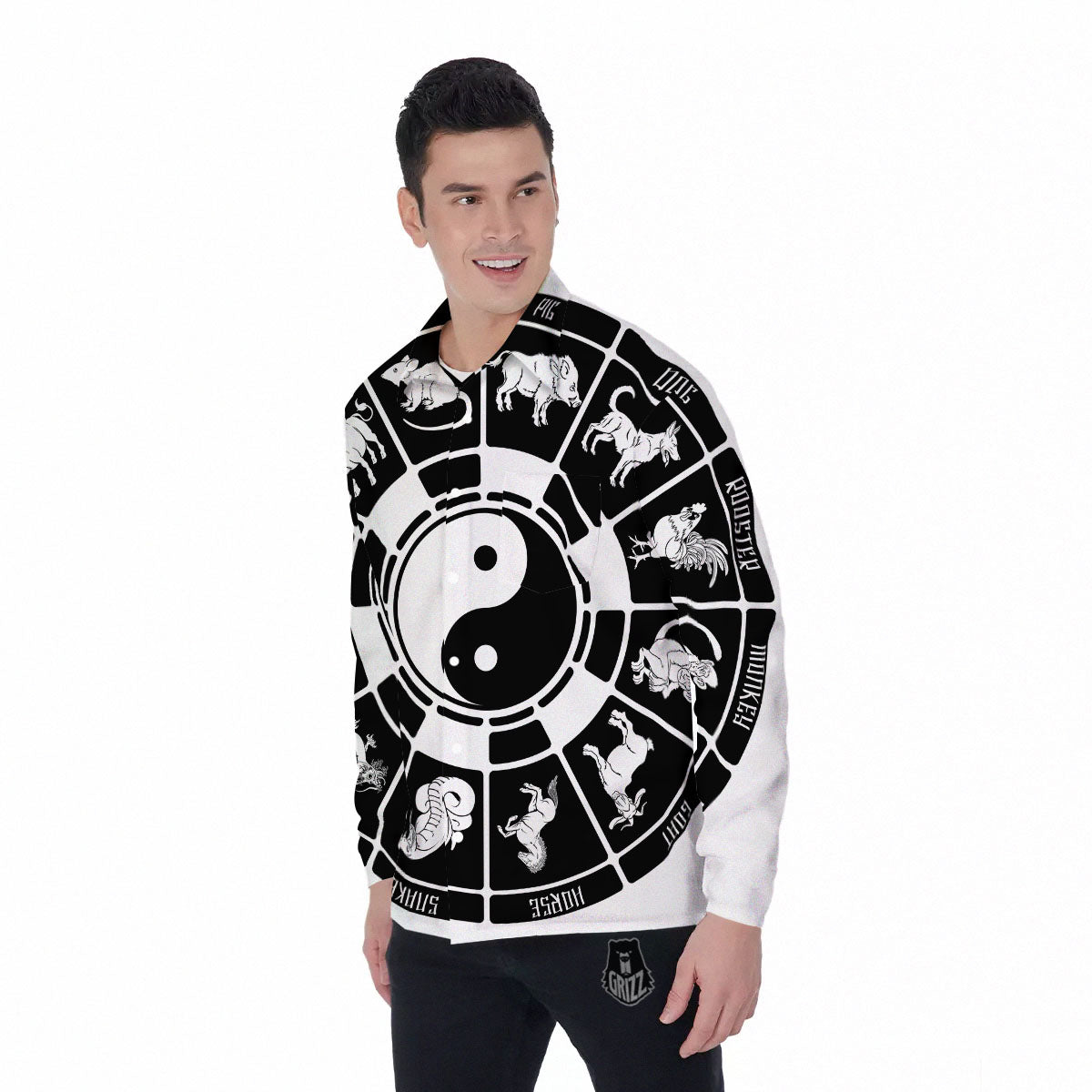 Chinese Zodiac White And Black Print Men's Long Sleeve Shirts-grizzshop