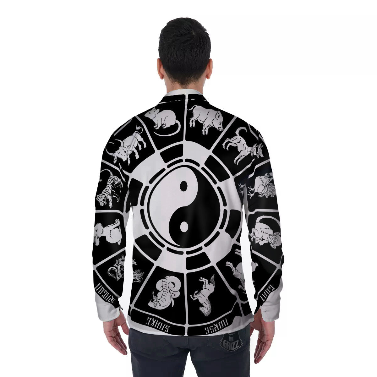Chinese Zodiac White And Black Print Men's Long Sleeve Shirts-grizzshop