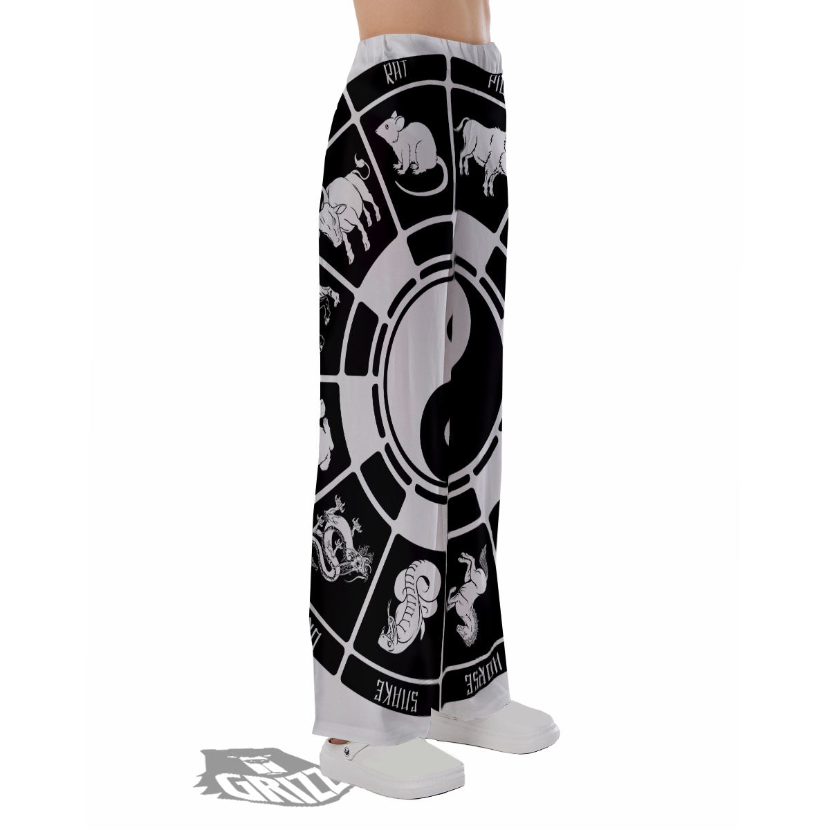 Chinese Zodiac White And Black Print Pajama Pants-grizzshop