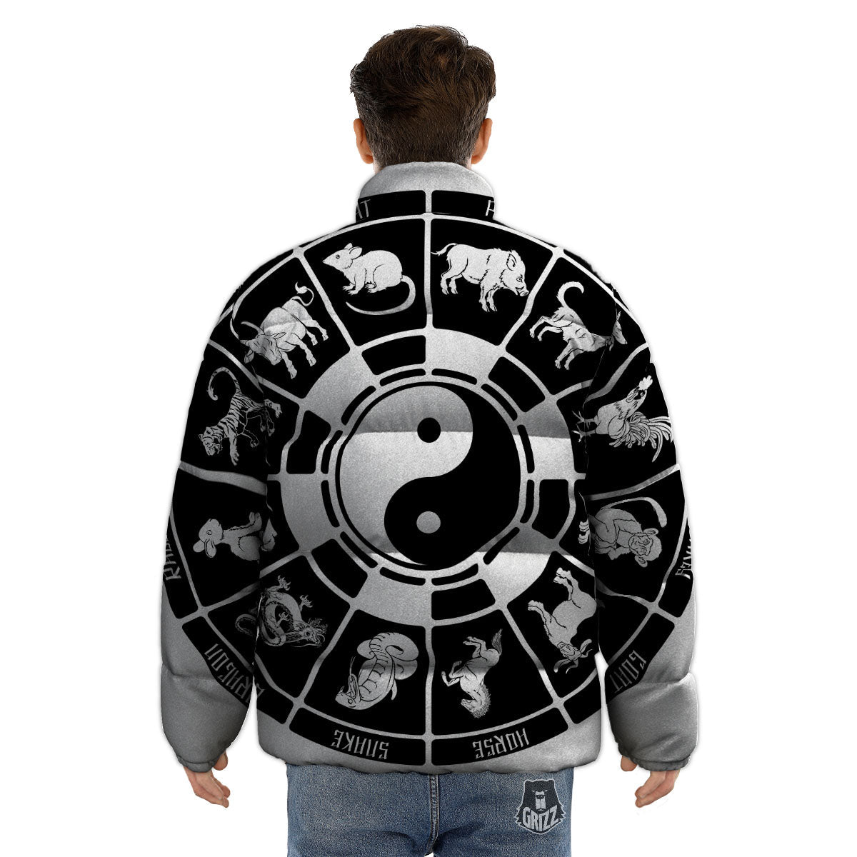 Chinese Zodiac White And Black Print Puffer Jacket-grizzshop