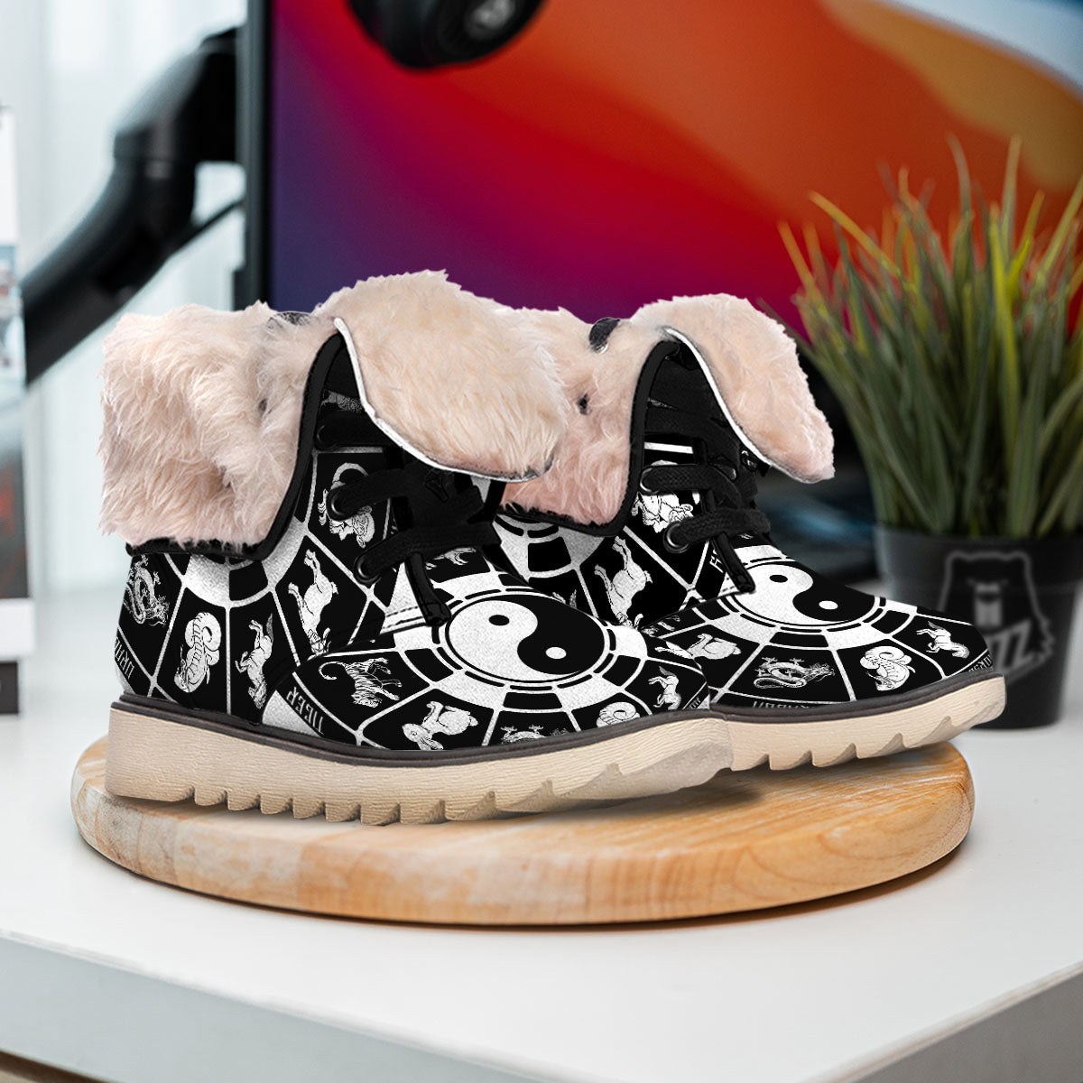 Chinese Zodiac White And Black Print Snow Boots-grizzshop