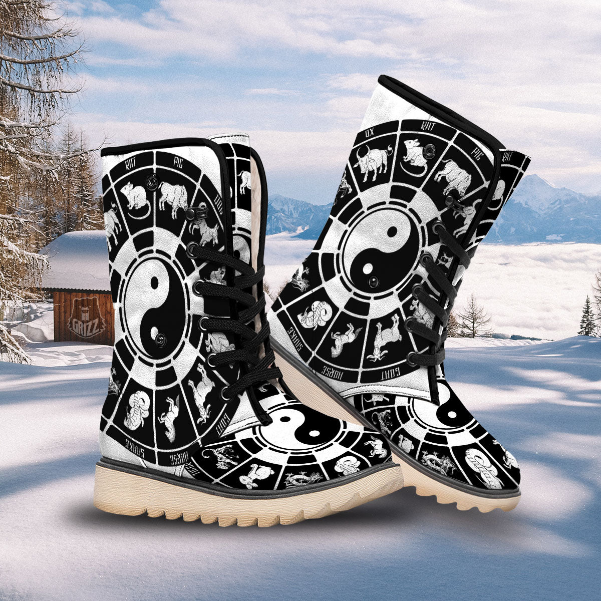 Chinese Zodiac White And Black Print Snow Boots-grizzshop