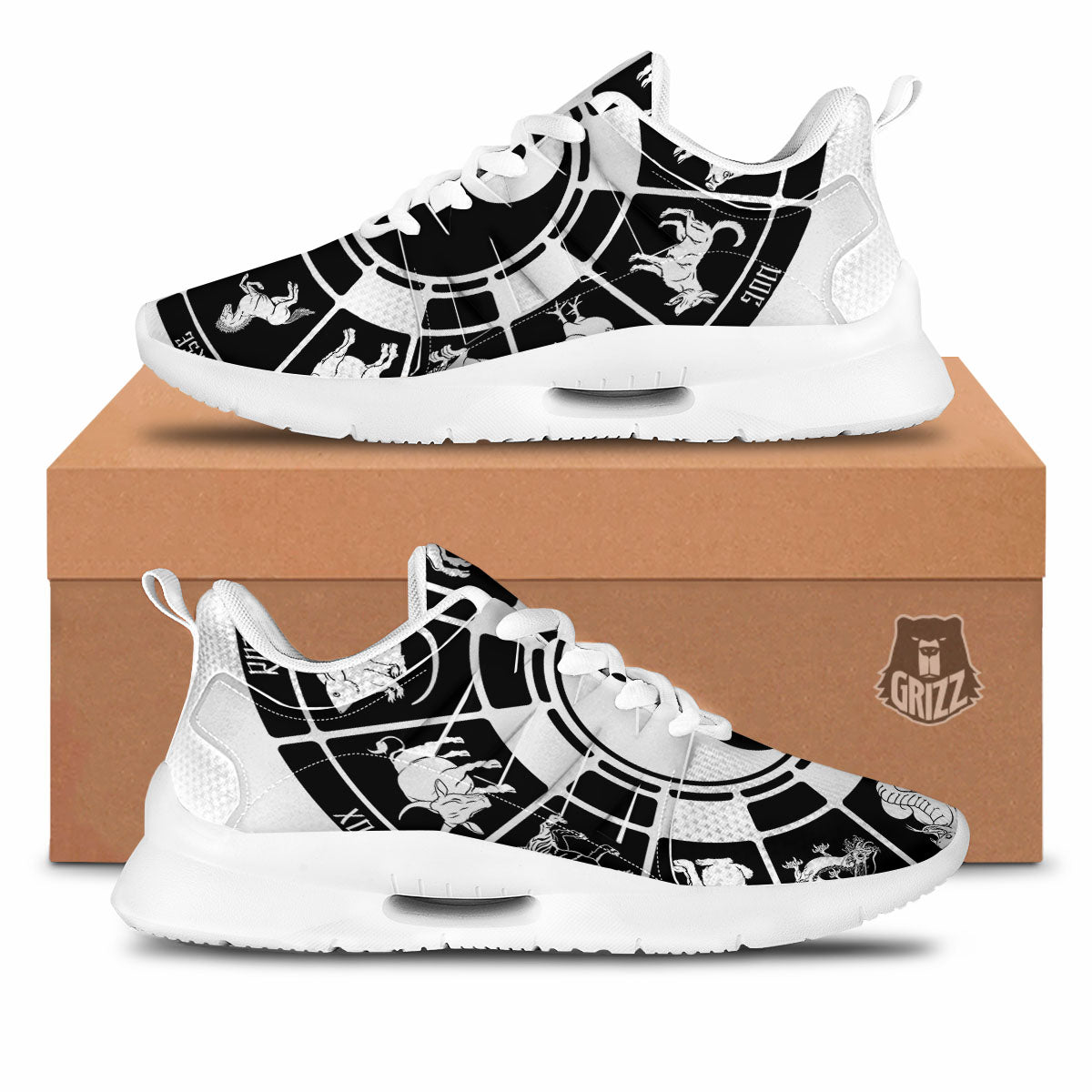 Chinese Zodiac White And Black Print Tennis Shoes-grizzshop
