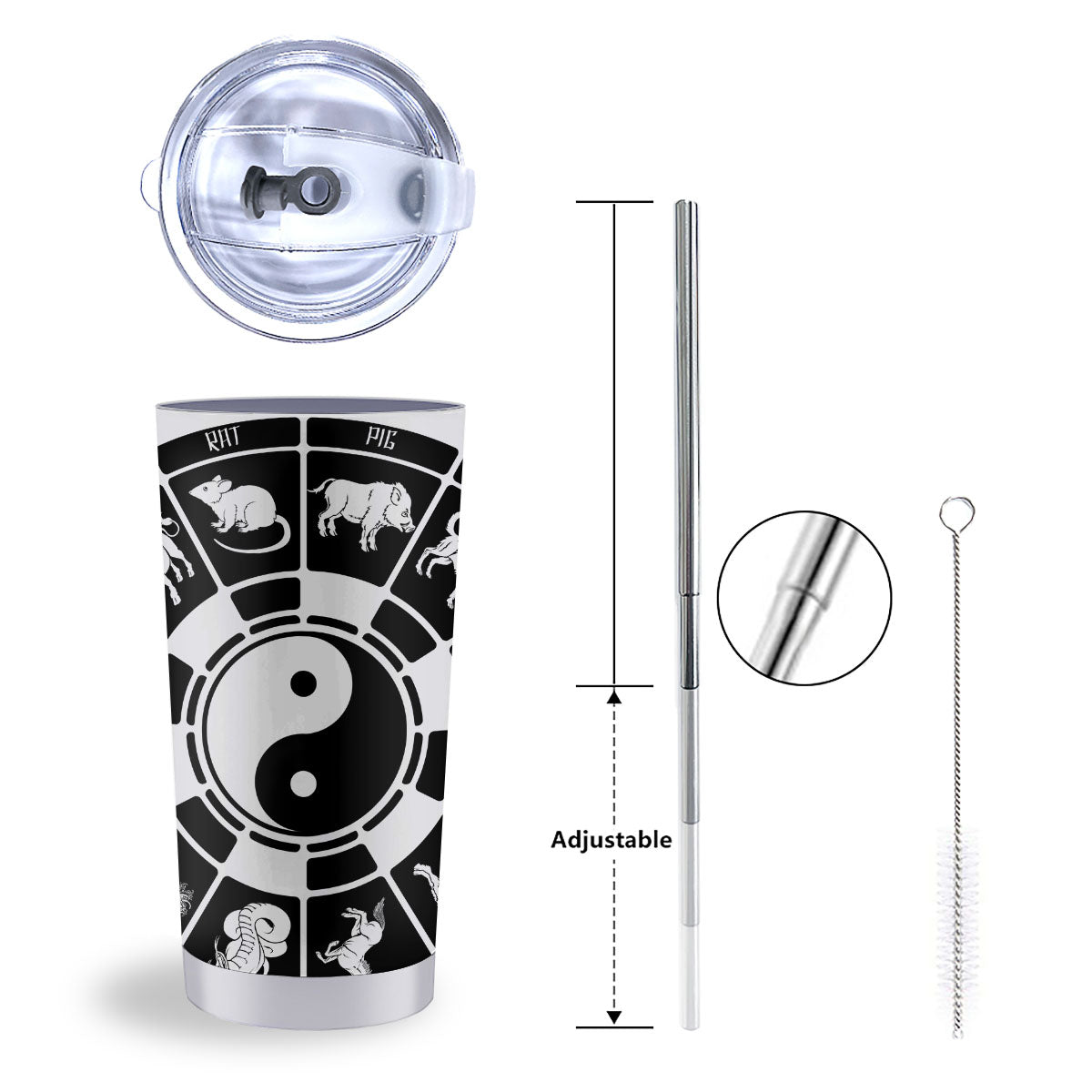 Chinese Zodiac White And Black Print Tumbler-grizzshop