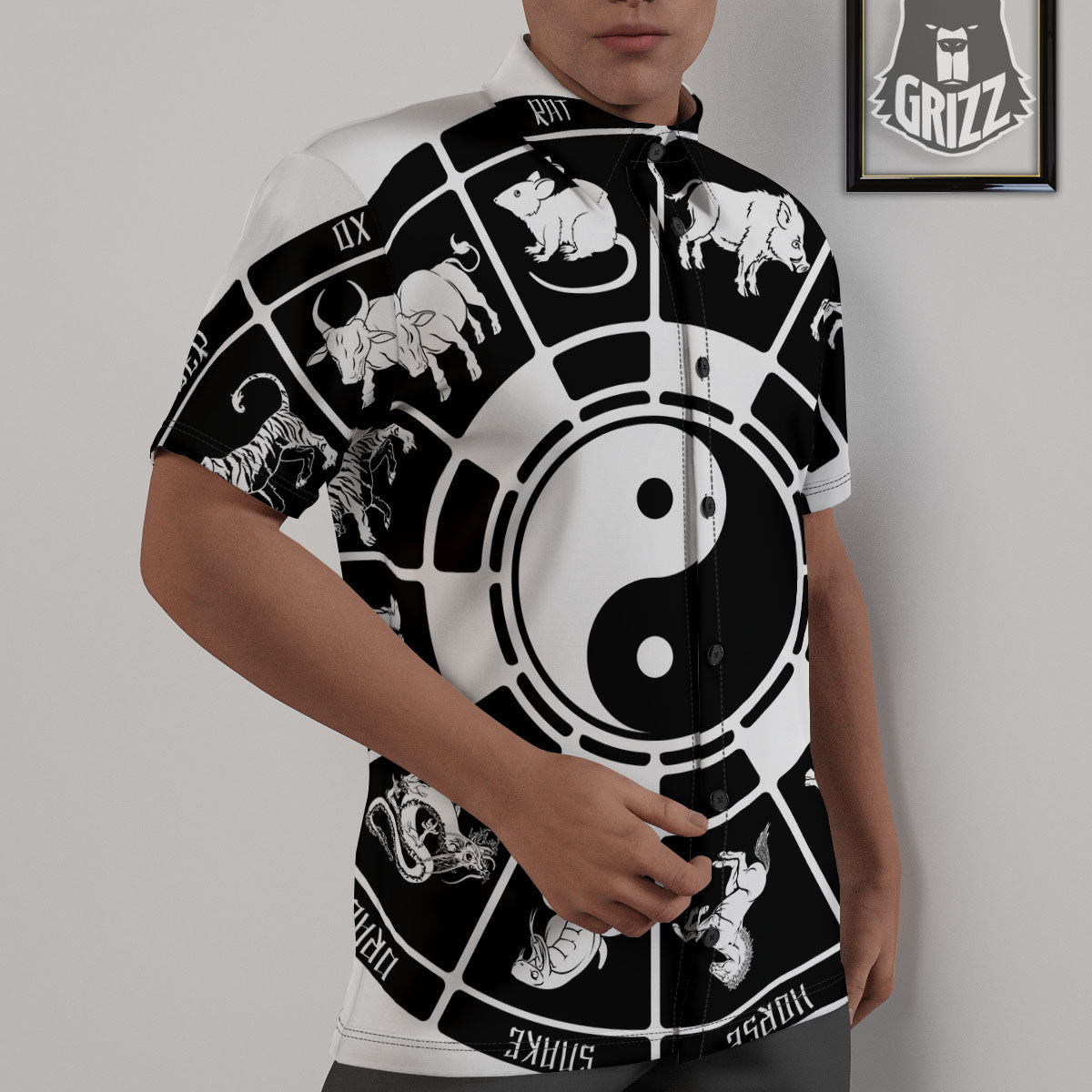 Chinese Zodiac White And Black Print Untucked Shirts-grizzshop