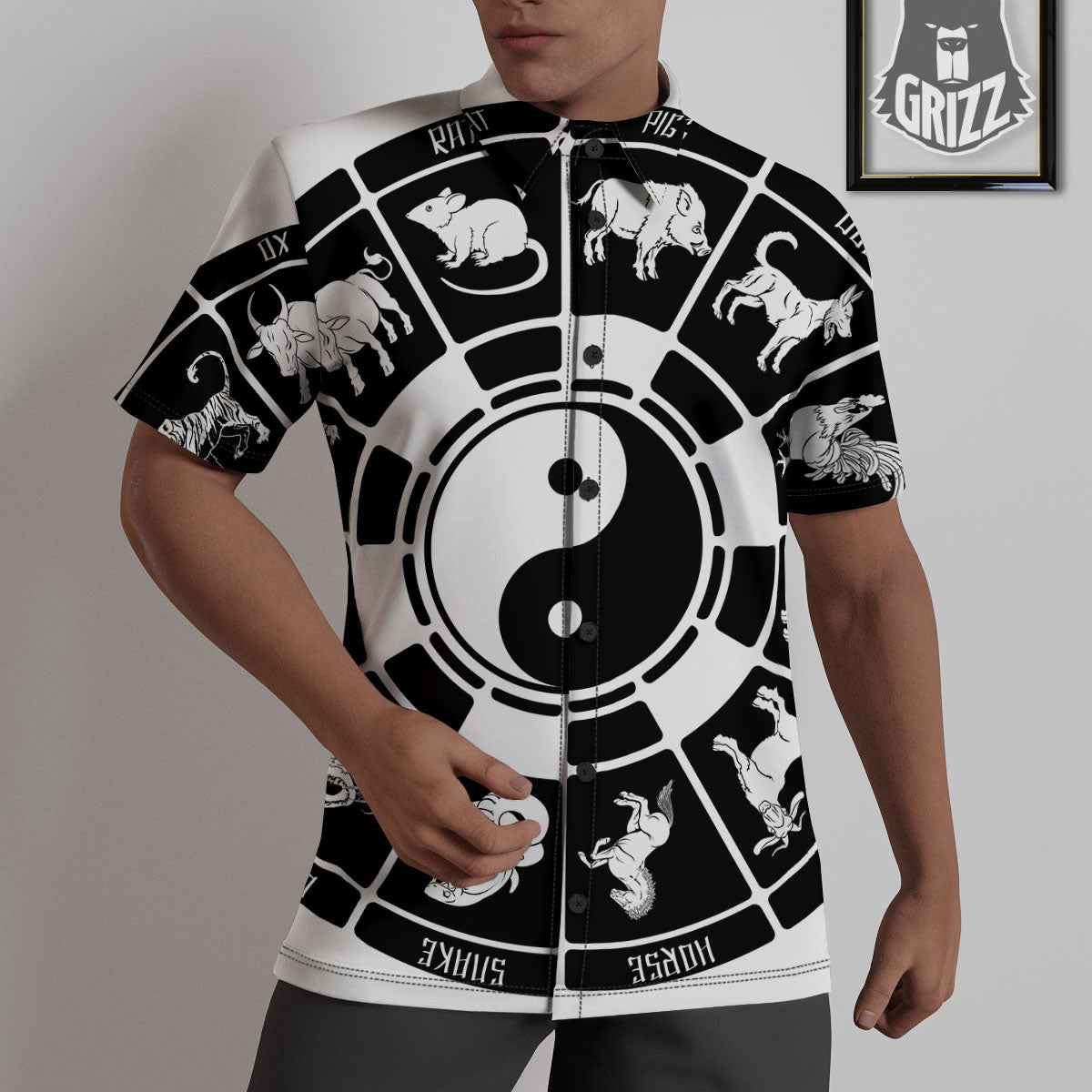 Chinese Zodiac White And Black Print Untucked Shirts-grizzshop