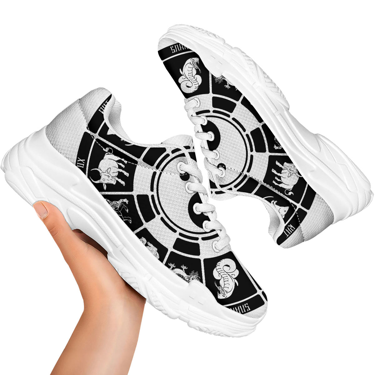 Chinese Zodiac White And Black Print White Chunky Shoes-grizzshop