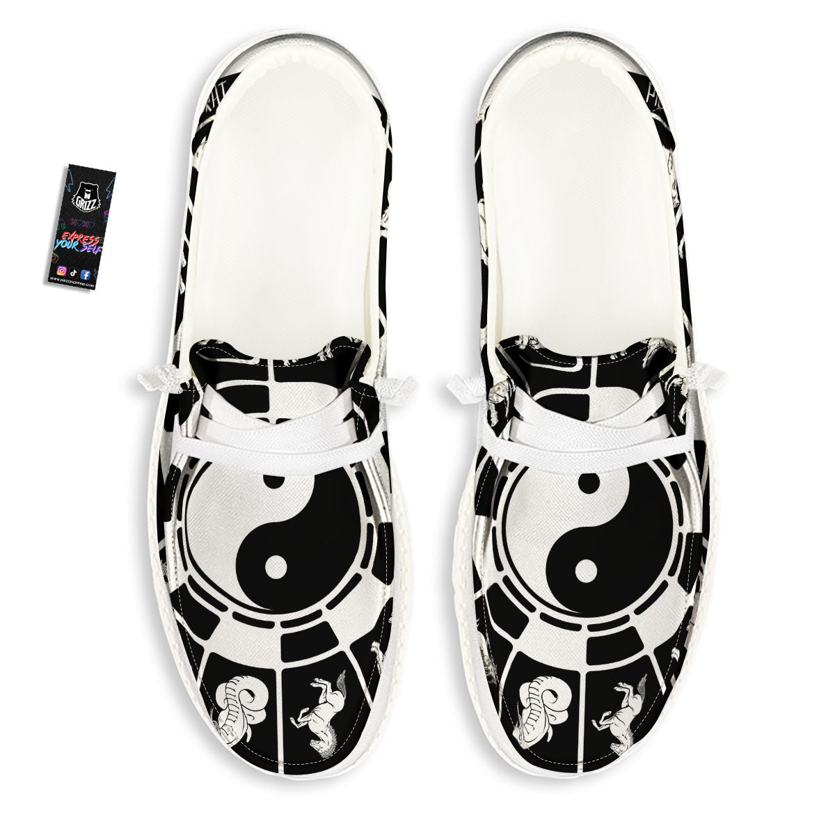 Chinese Zodiac White And Black Print White Loafers-grizzshop