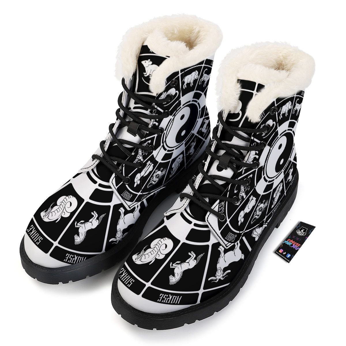 Chinese Zodiac White And Black Print Winter Boots-grizzshop