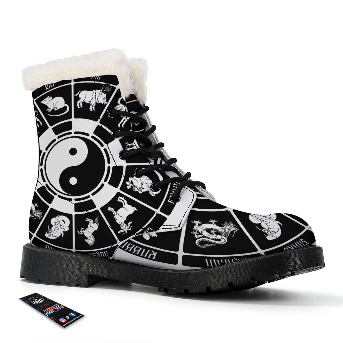 Chinese Zodiac White And Black Print Winter Boots-grizzshop