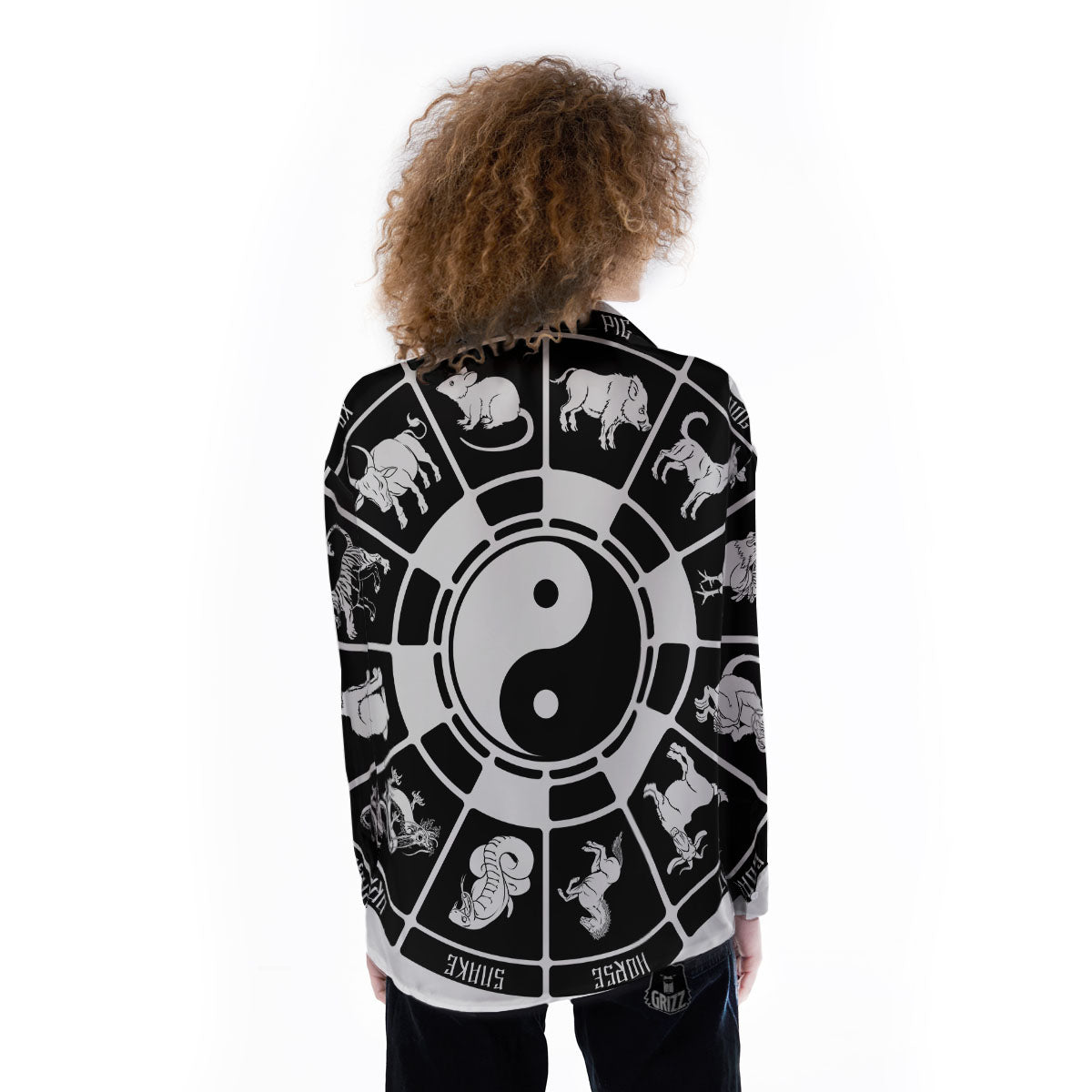 Chinese Zodiac White And Black Print Women's Long Sleeve Shirts-grizzshop