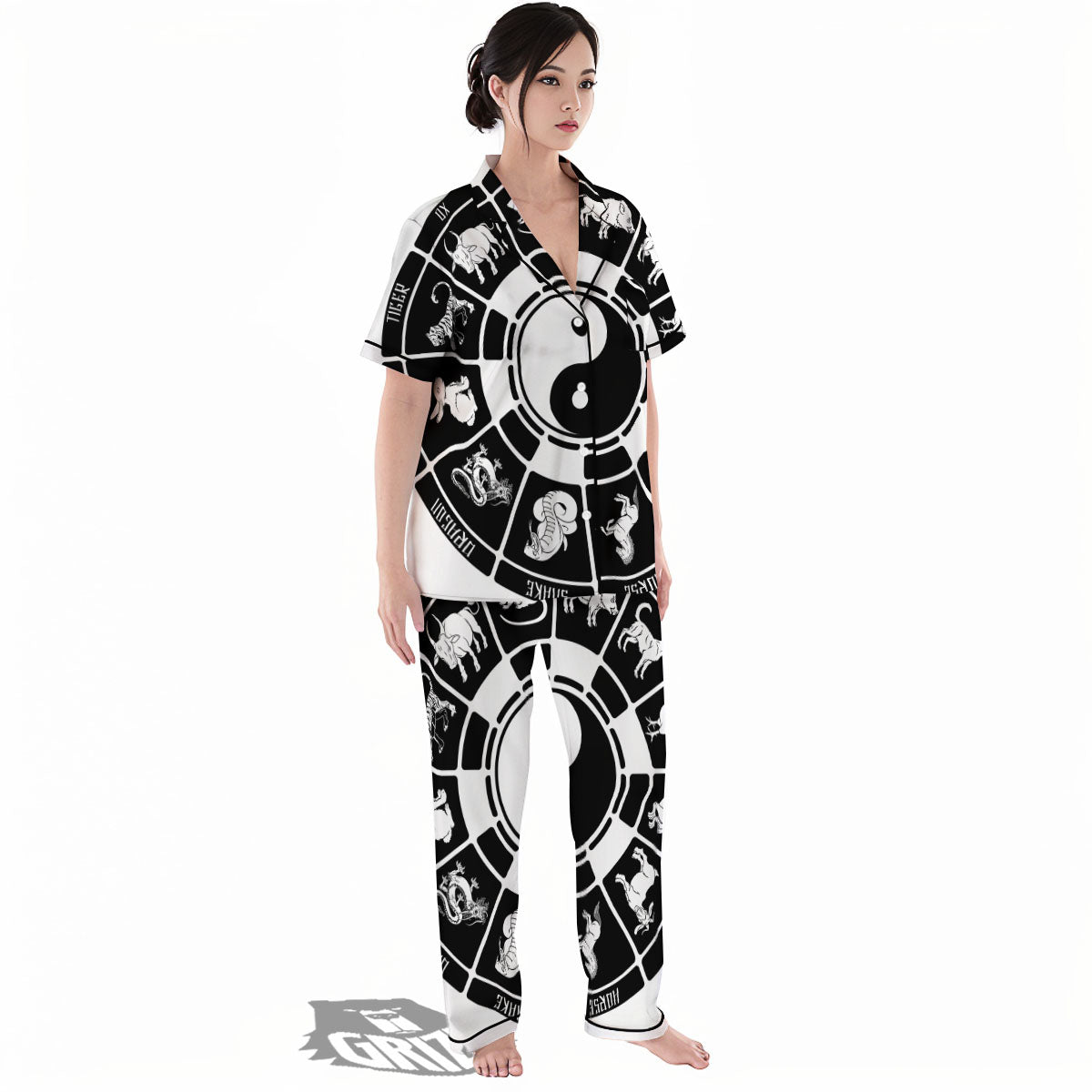 Chinese Zodiac White And Black Print Women's Pajamas Set-grizzshop