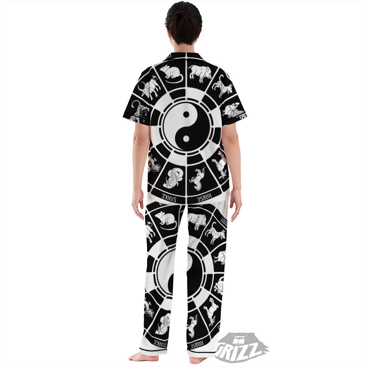 Chinese Zodiac White And Black Print Women's Pajamas Set-grizzshop