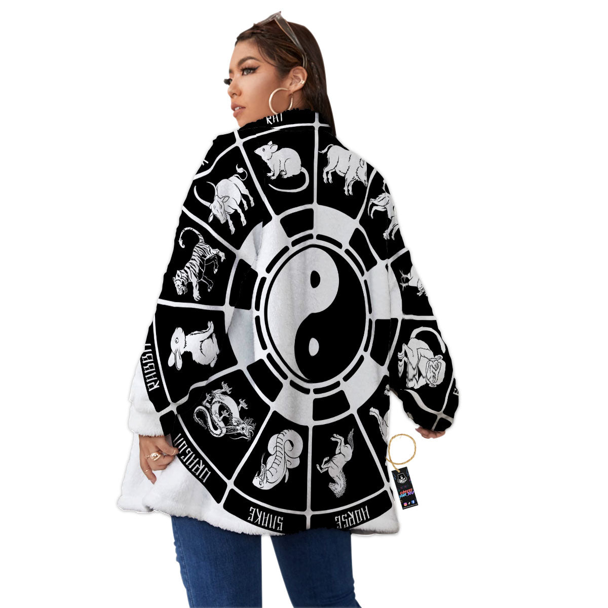 Chinese Zodiac White And Black Print Women's Sherpa Jacket-grizzshop