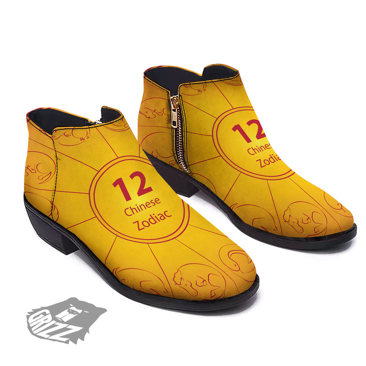 Chinese Zodiac Yellow And Red Print Ankle Boots-grizzshop