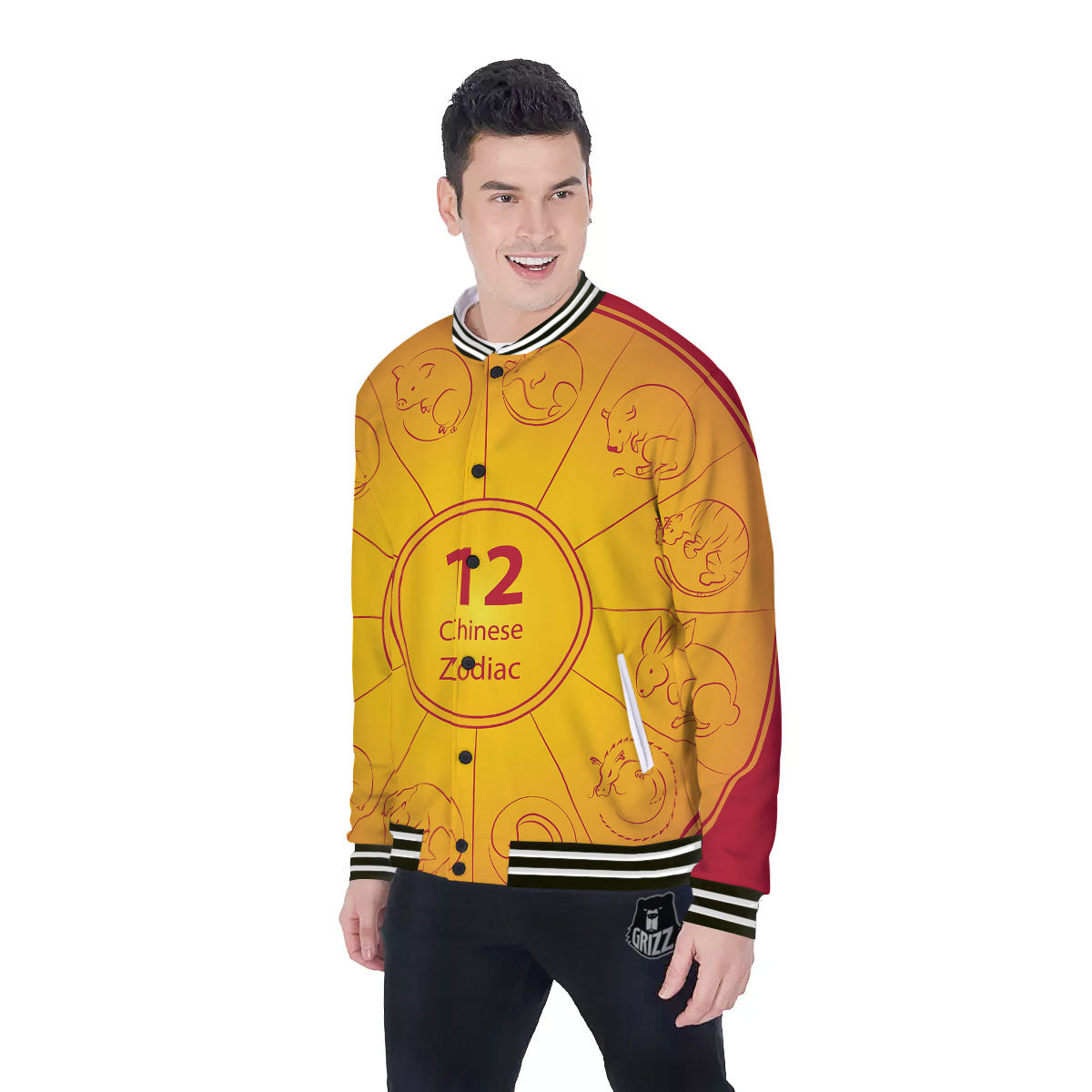 Chinese Zodiac Yellow And Red Print Baseball Jacket-grizzshop