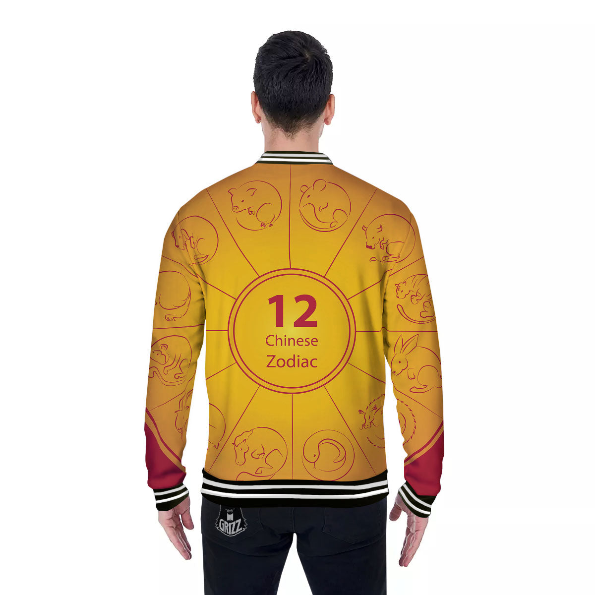 Chinese Zodiac Yellow And Red Print Baseball Jacket-grizzshop