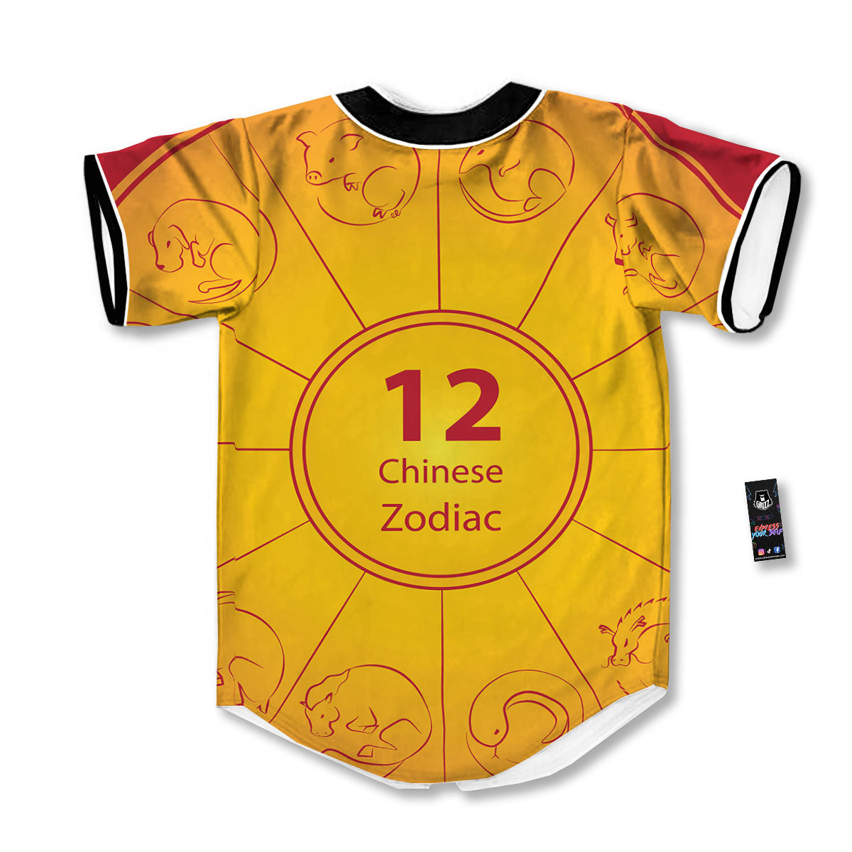 Chinese Zodiac Yellow And Red Print Baseball Jersey-grizzshop