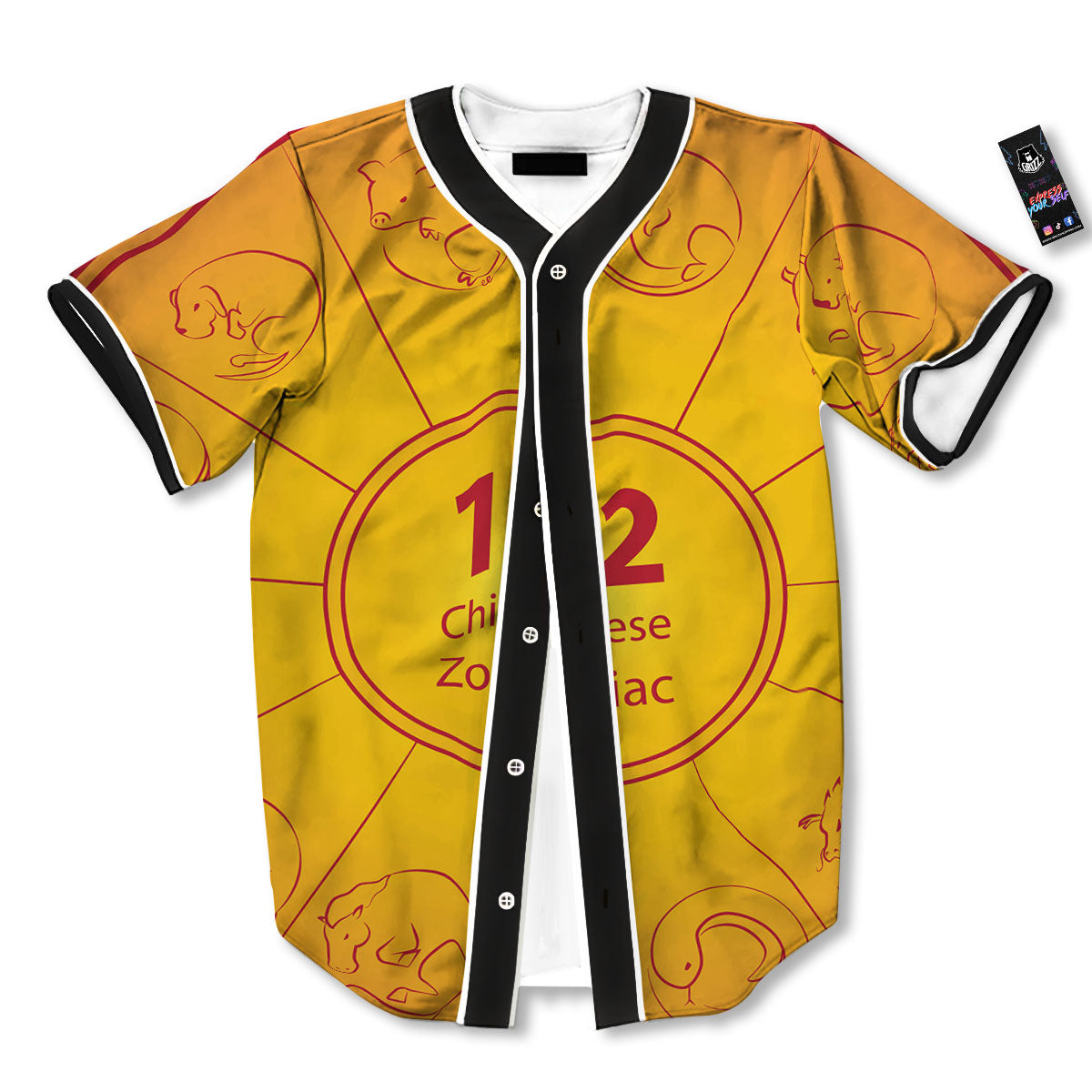 Chinese Zodiac Yellow And Red Print Baseball Jersey-grizzshop