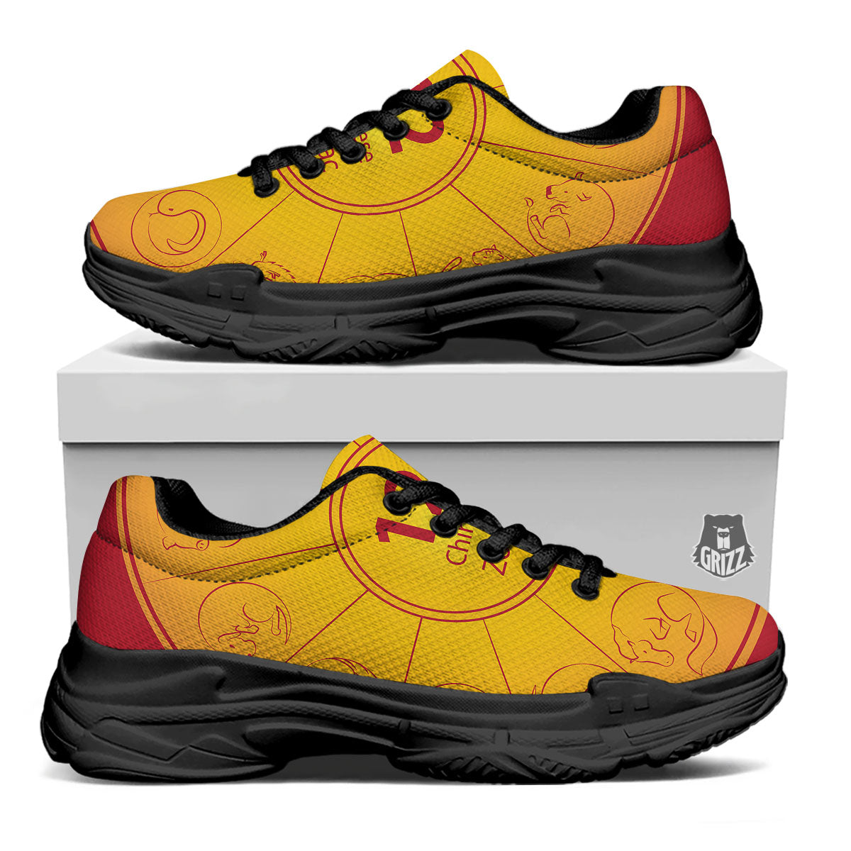 Chinese Zodiac Yellow And Red Print Black Chunky Shoes-grizzshop
