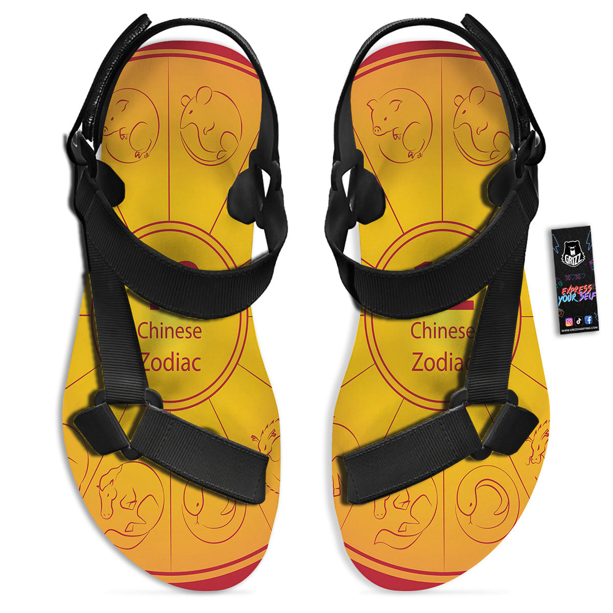 Chinese Zodiac Yellow And Red Print Black Open Toe Sandals-grizzshop