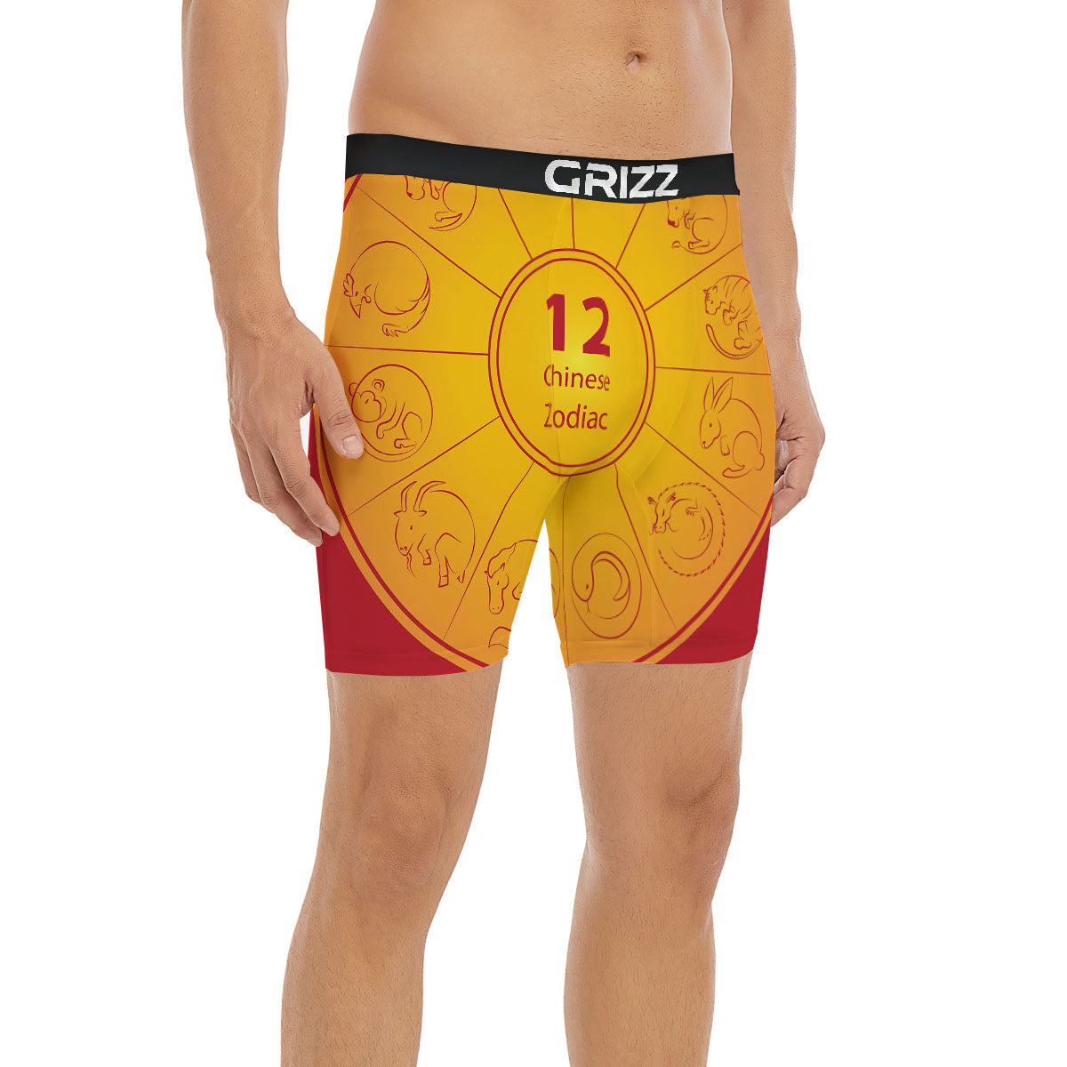 Chinese Zodiac Yellow And Red Print Boxer Briefs-grizzshop