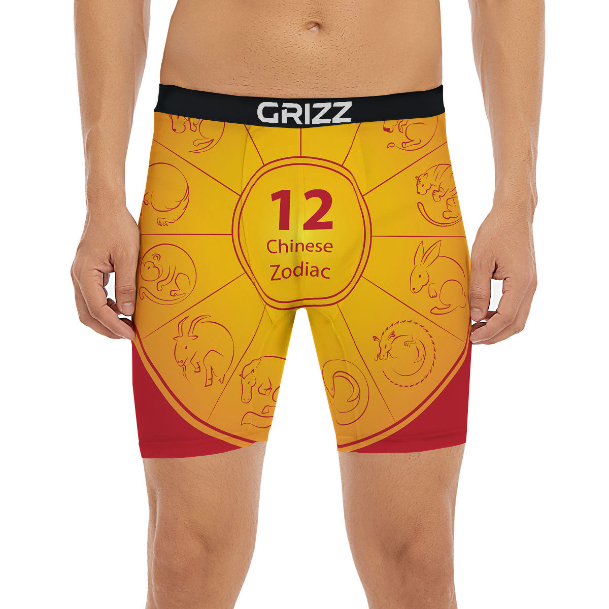 Chinese Zodiac Yellow And Red Print Boxer Briefs-grizzshop