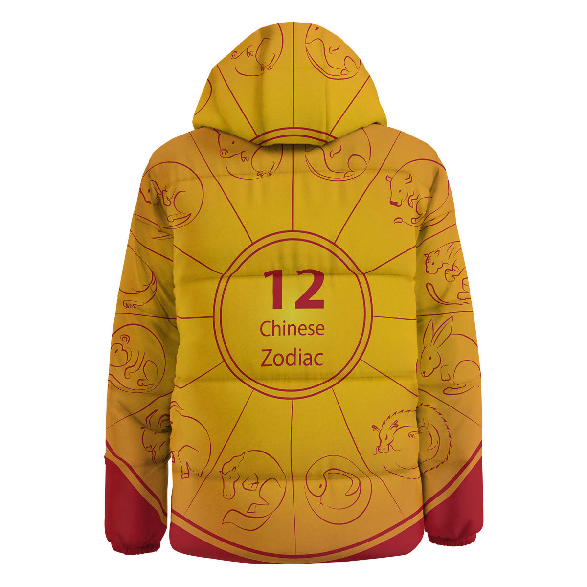 Chinese Zodiac Yellow And Red Print Down Jacket-grizzshop