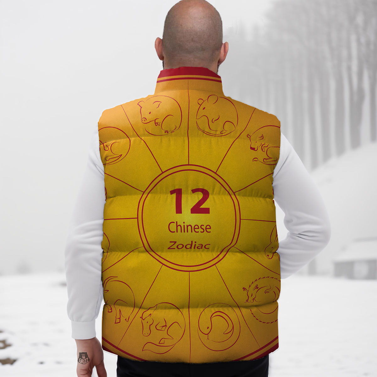 Chinese Zodiac Yellow And Red Print Down Vest