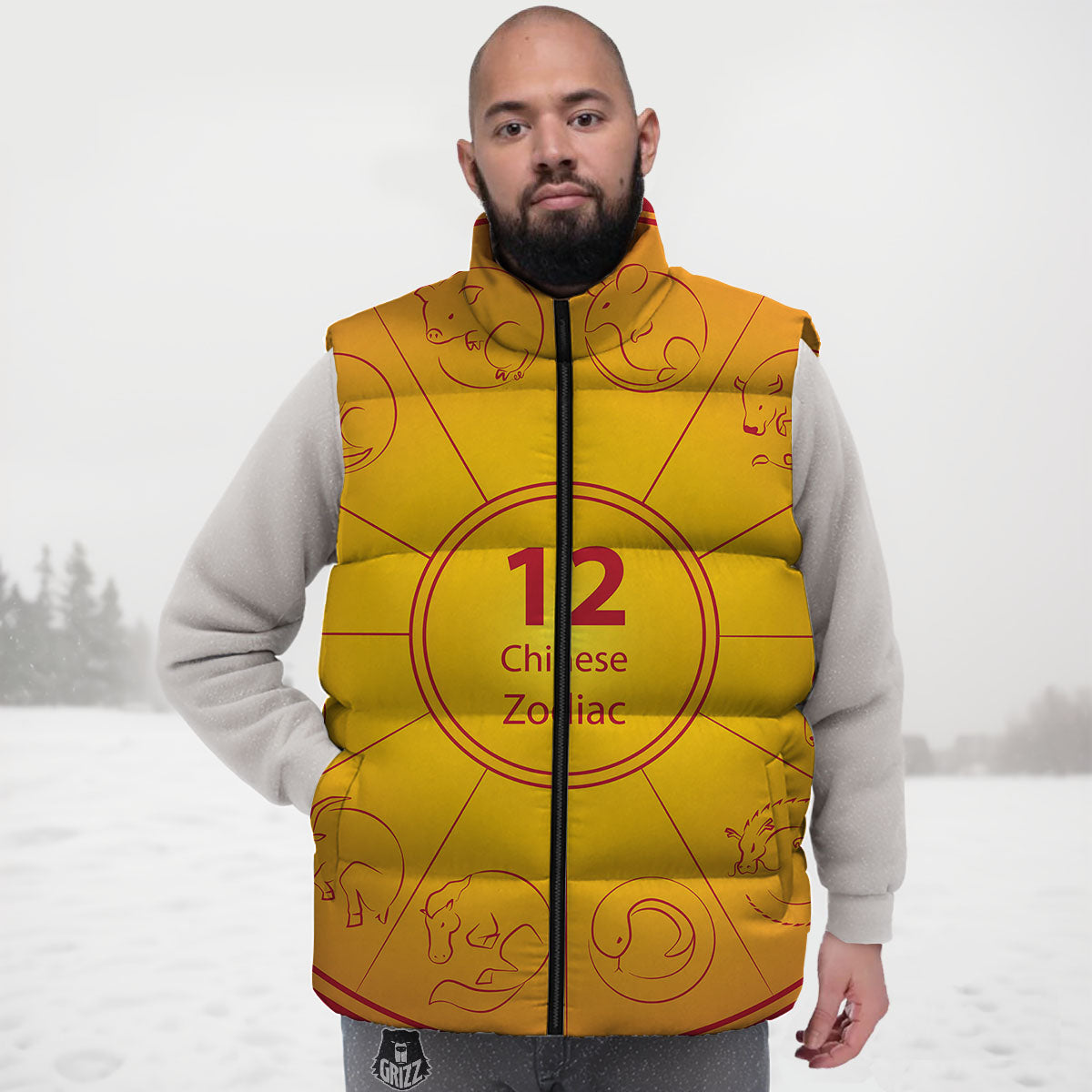 Chinese Zodiac Yellow And Red Print Down Vest