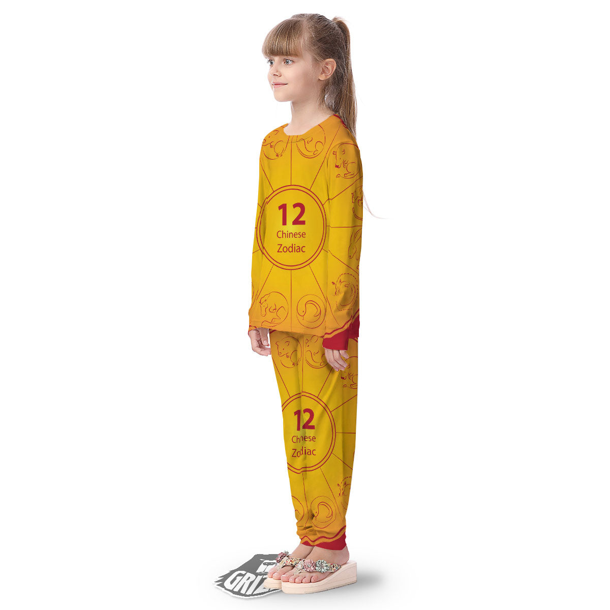 Chinese Zodiac Yellow And Red Print Kid's Pajamas-grizzshop