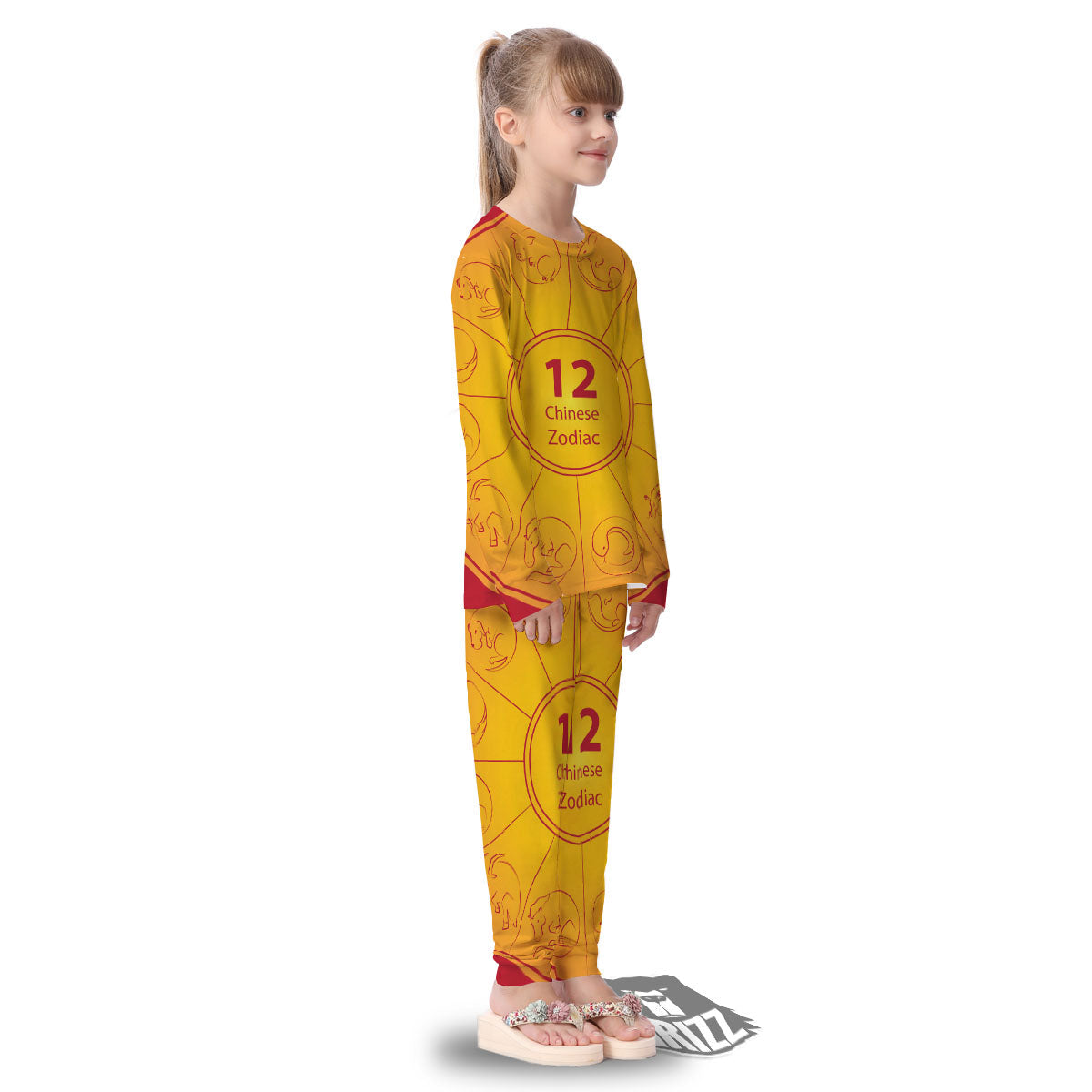 Chinese Zodiac Yellow And Red Print Kid's Pajamas-grizzshop