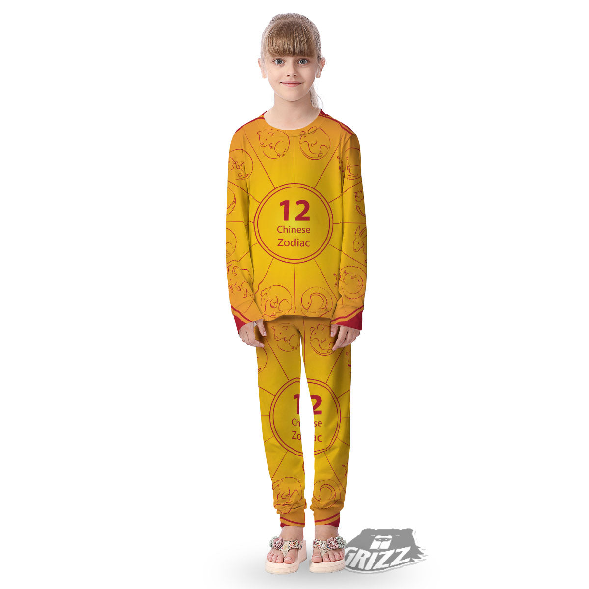 Chinese Zodiac Yellow And Red Print Kid's Pajamas-grizzshop
