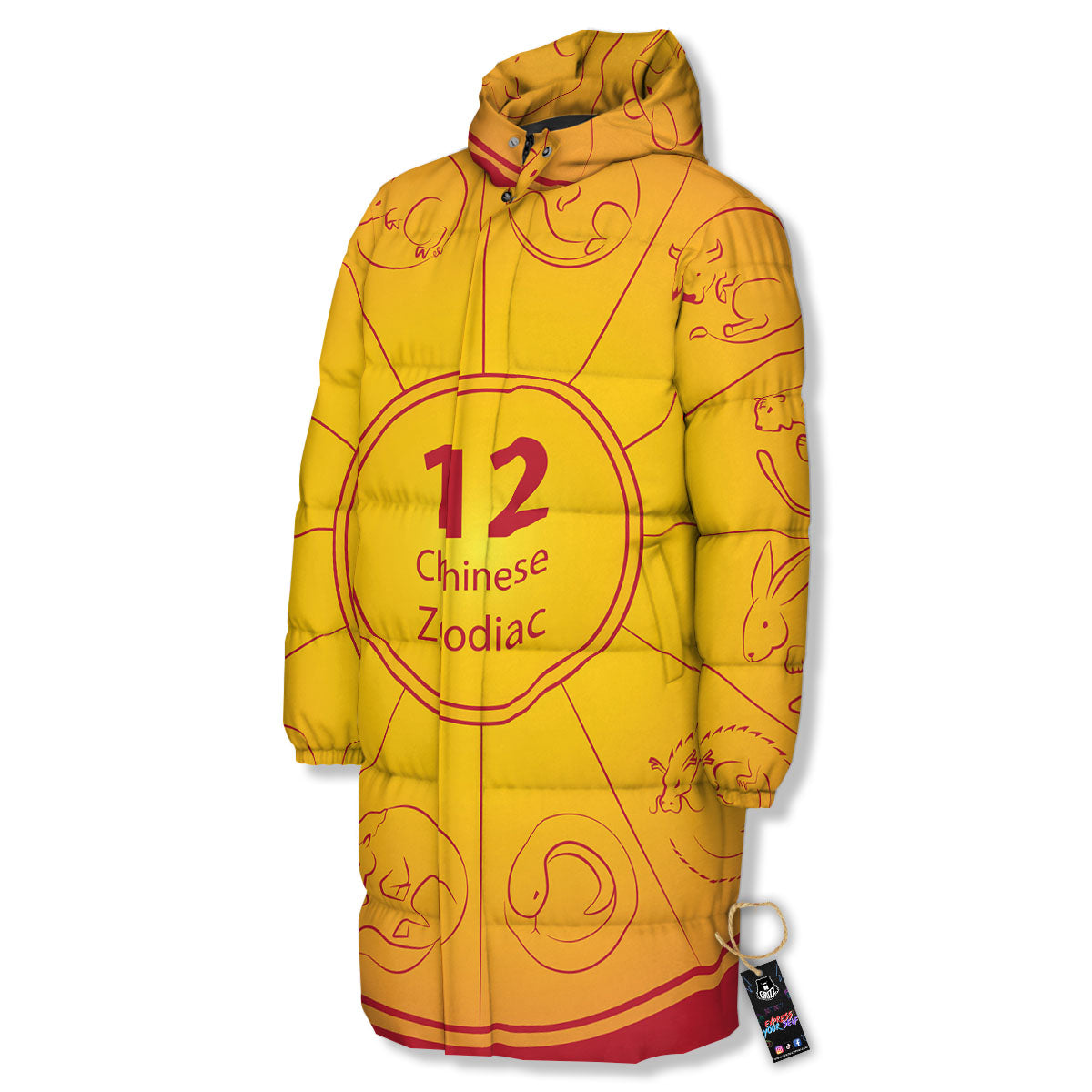 Chinese Zodiac Yellow And Red Print Long Down Jacket-grizzshop