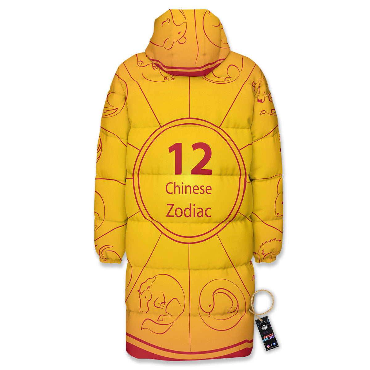 Chinese Zodiac Yellow And Red Print Long Down Jacket-grizzshop