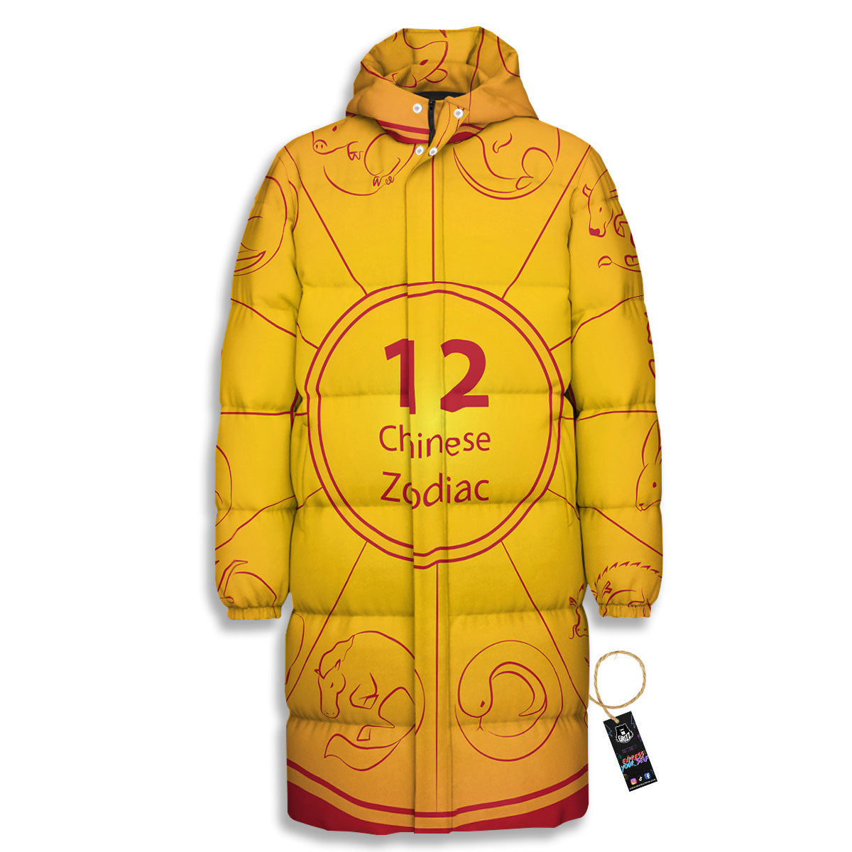 Chinese Zodiac Yellow And Red Print Long Down Jacket-grizzshop