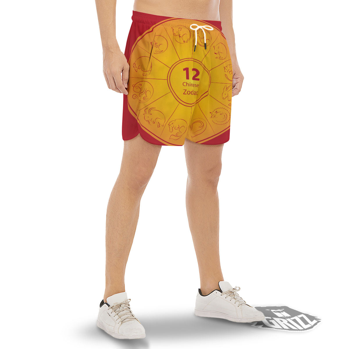 Chinese Zodiac Yellow And Red Print Men's Gym Shorts-grizzshop