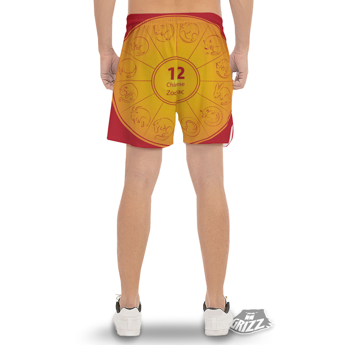 Chinese Zodiac Yellow And Red Print Men's Gym Shorts-grizzshop