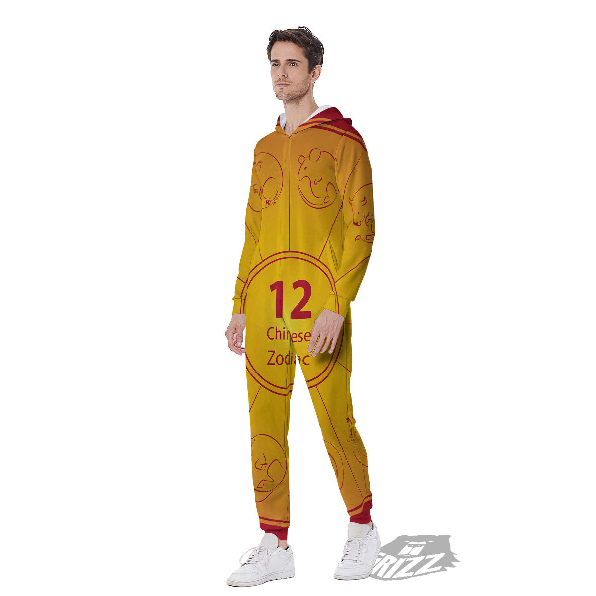 Chinese Zodiac Yellow And Red Print Men's Jumpsuit-grizzshop
