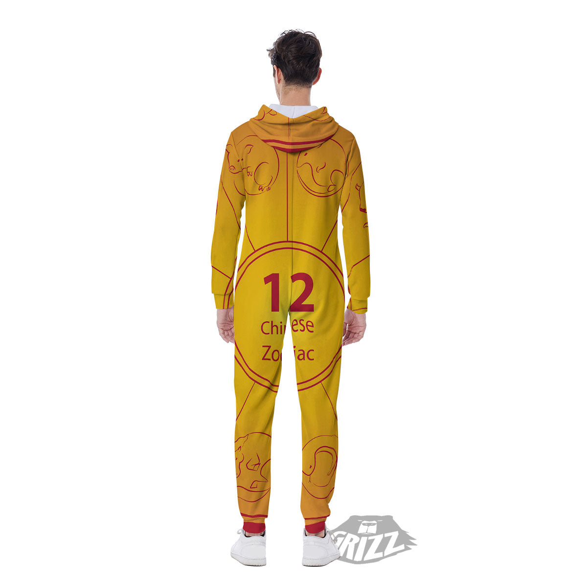 Chinese Zodiac Yellow And Red Print Men's Jumpsuit-grizzshop