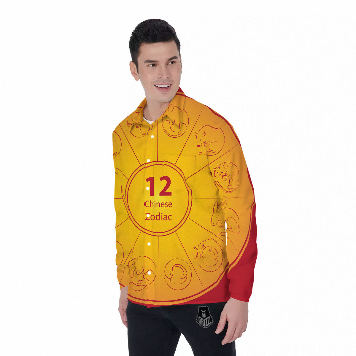 Chinese Zodiac Yellow And Red Print Men's Long Sleeve Shirts-grizzshop