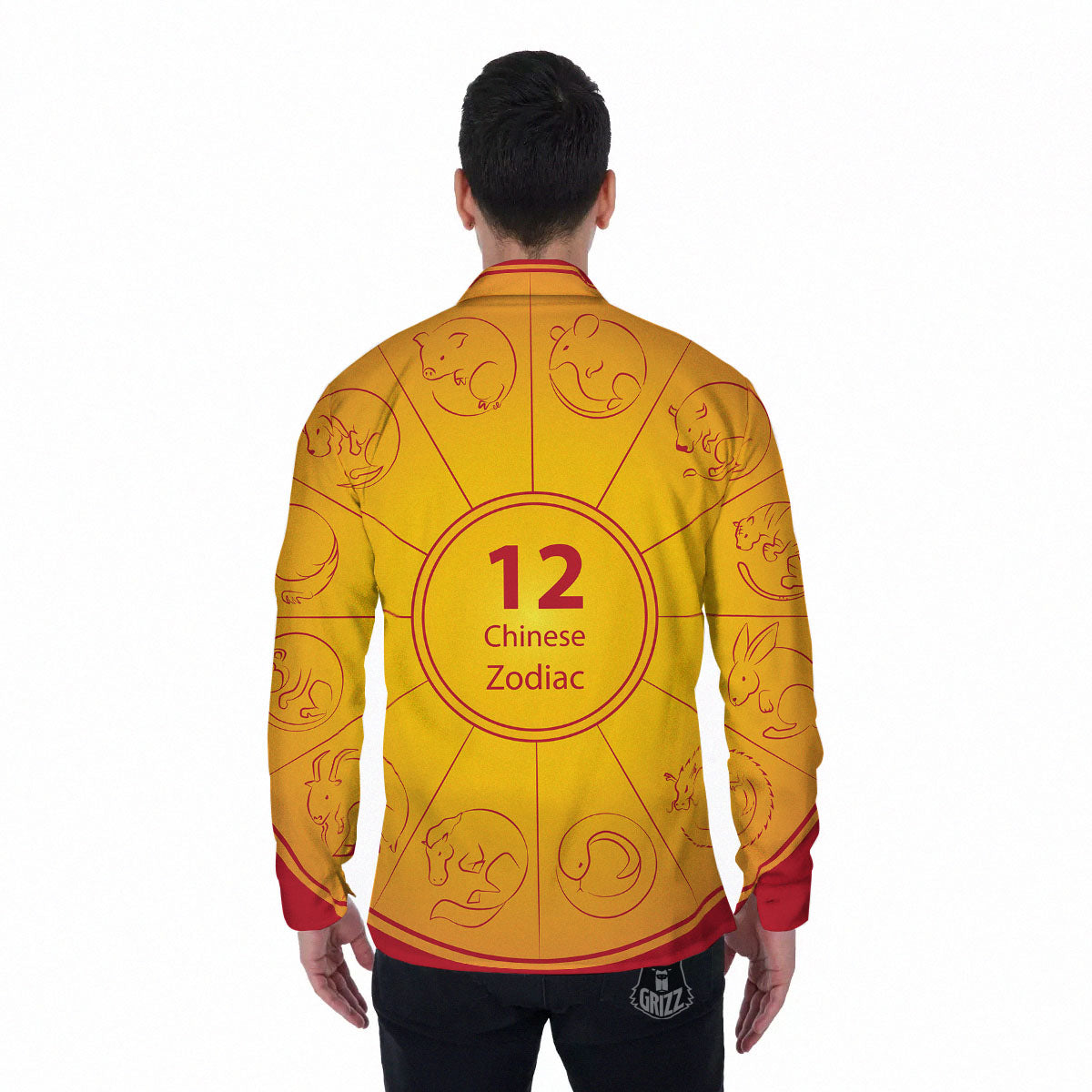 Chinese Zodiac Yellow And Red Print Men's Long Sleeve Shirts-grizzshop