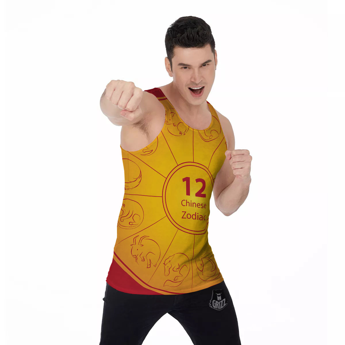 Chinese Zodiac Yellow And Red Print Men's Tank Top-grizzshop