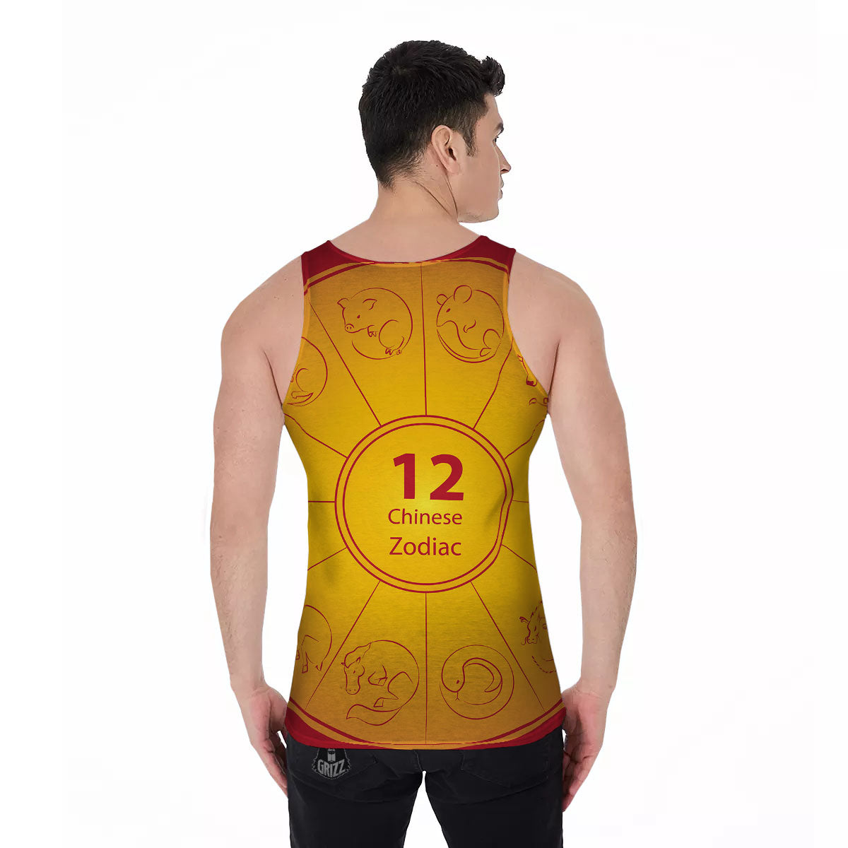 Chinese Zodiac Yellow And Red Print Men's Tank Top-grizzshop
