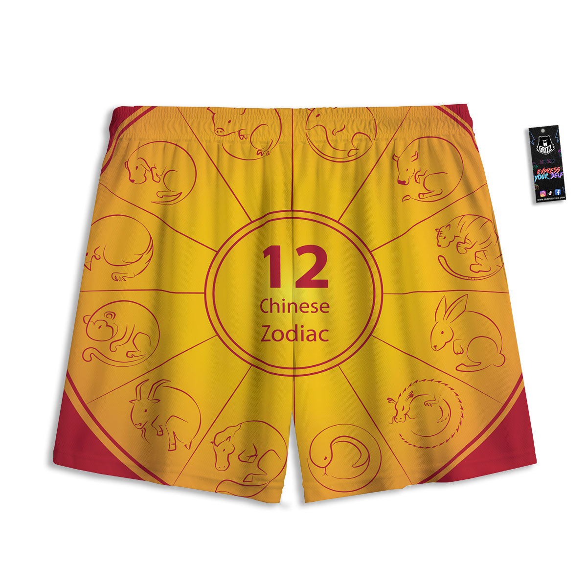 Chinese Zodiac Yellow And Red Print Mesh Shorts