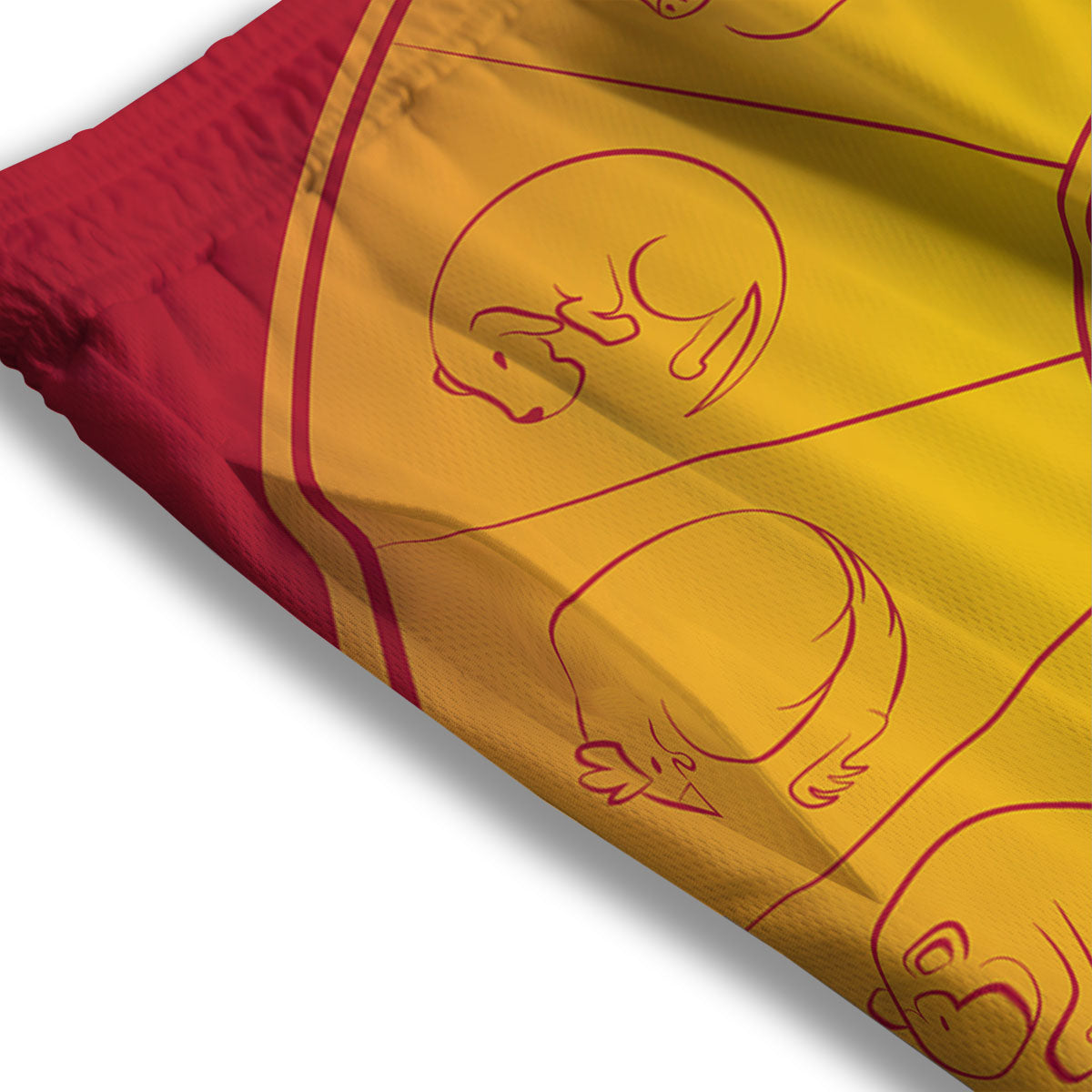 Chinese Zodiac Yellow And Red Print Mesh Shorts