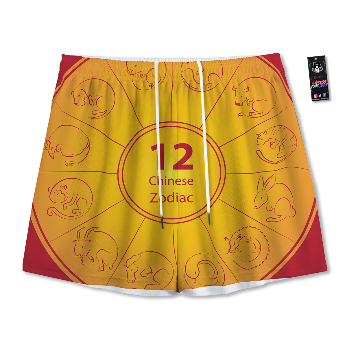 Chinese Zodiac Yellow And Red Print Mesh Shorts