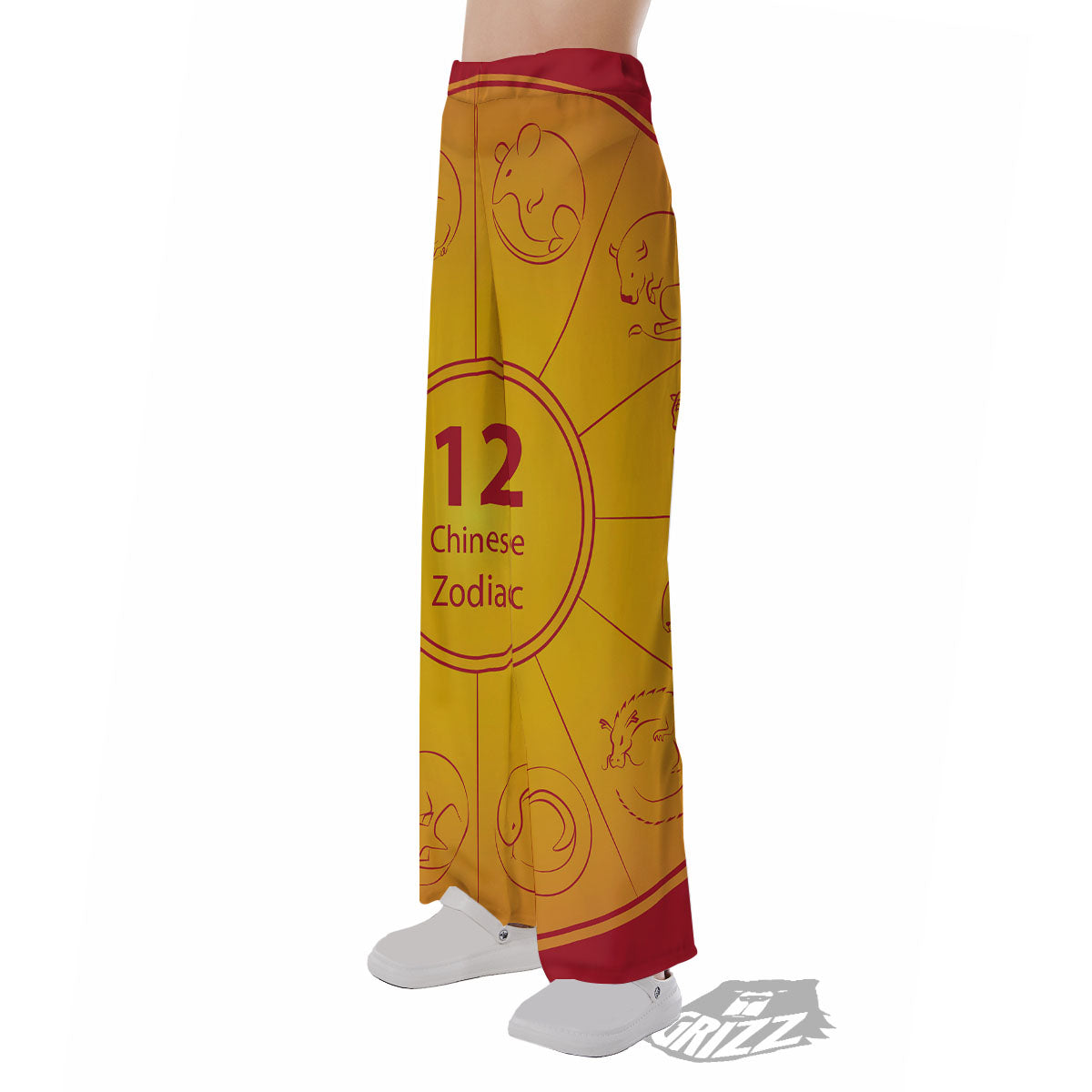 Chinese Zodiac Yellow And Red Print Pajama Pants-grizzshop
