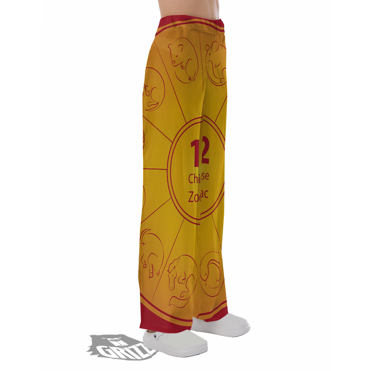 Chinese Zodiac Yellow And Red Print Pajama Pants-grizzshop